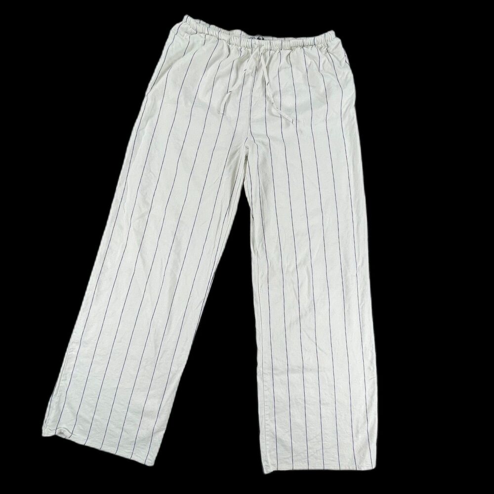 Zara Linen Blend Striped Wide Leg Pants L Pinstripe Pull On Boho Coastal Beach